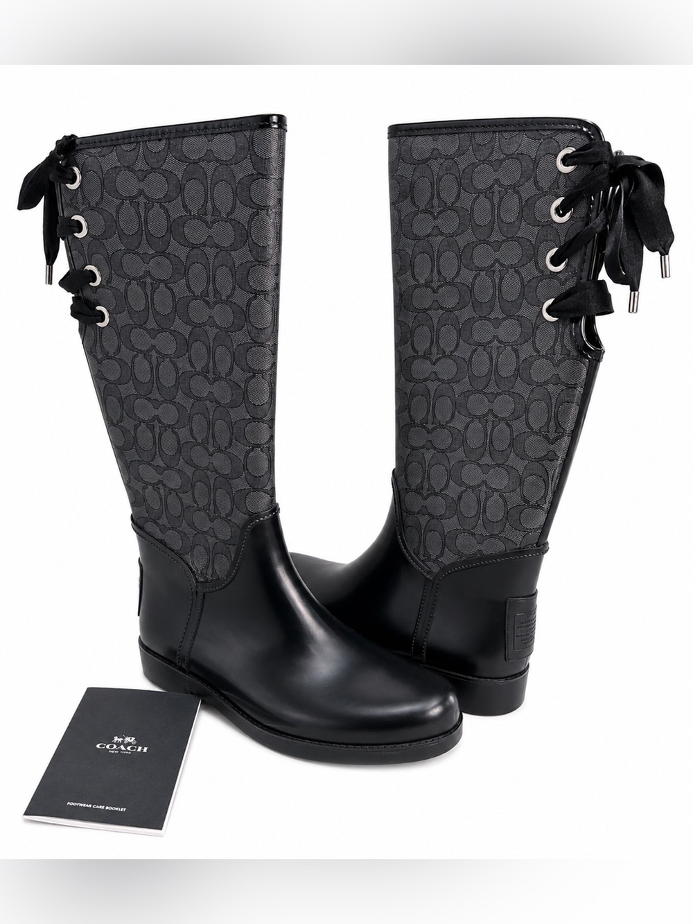 Coach Black Signature Tall Rain Boots with Lace-Up Back